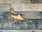 Pheasant hunting scene: hunter with two dogs pursuing a noble pheasant – laser cut wood art by Laser Lakes