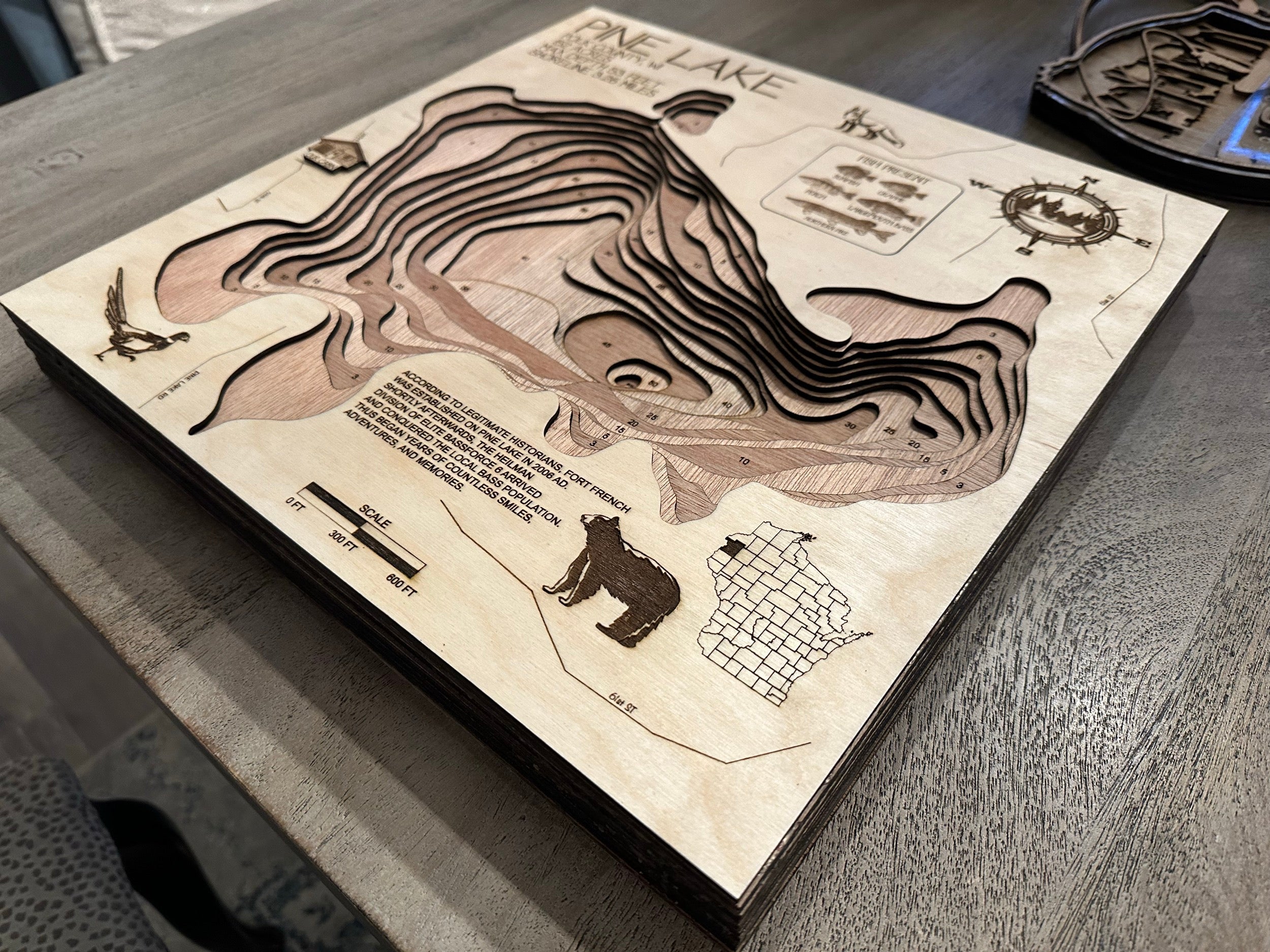 Pine Lake Wisconsin wood topographic map detail with depth contours