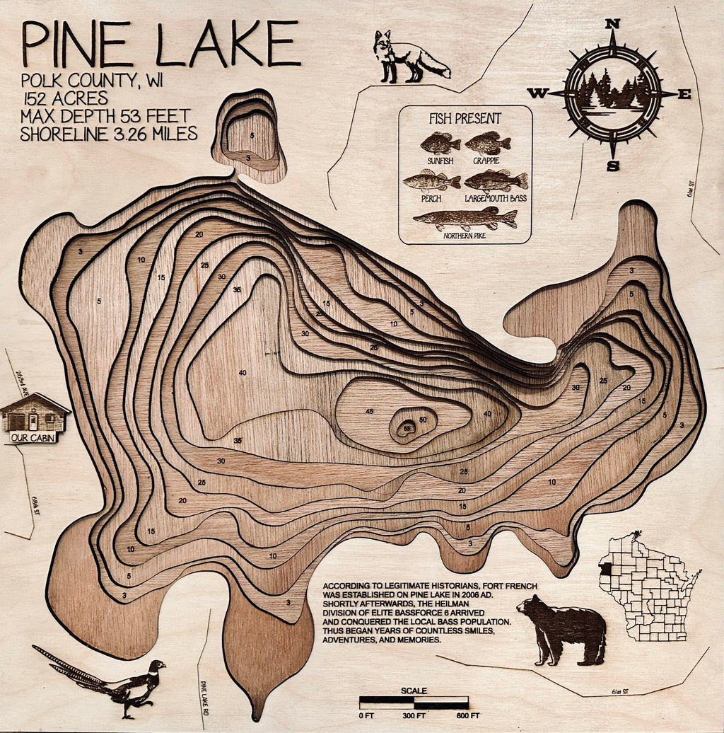 Pine Lake Polk Wisconsin laser-cut wood topographic depth map