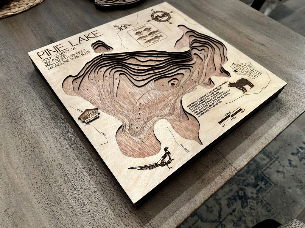 Pine Lake Polk County wooden laser-cut bathymetric depth map