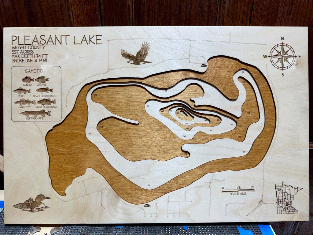 Pleasant Lake near Annandale Wright County Minnesota laser-cut wood topographic map