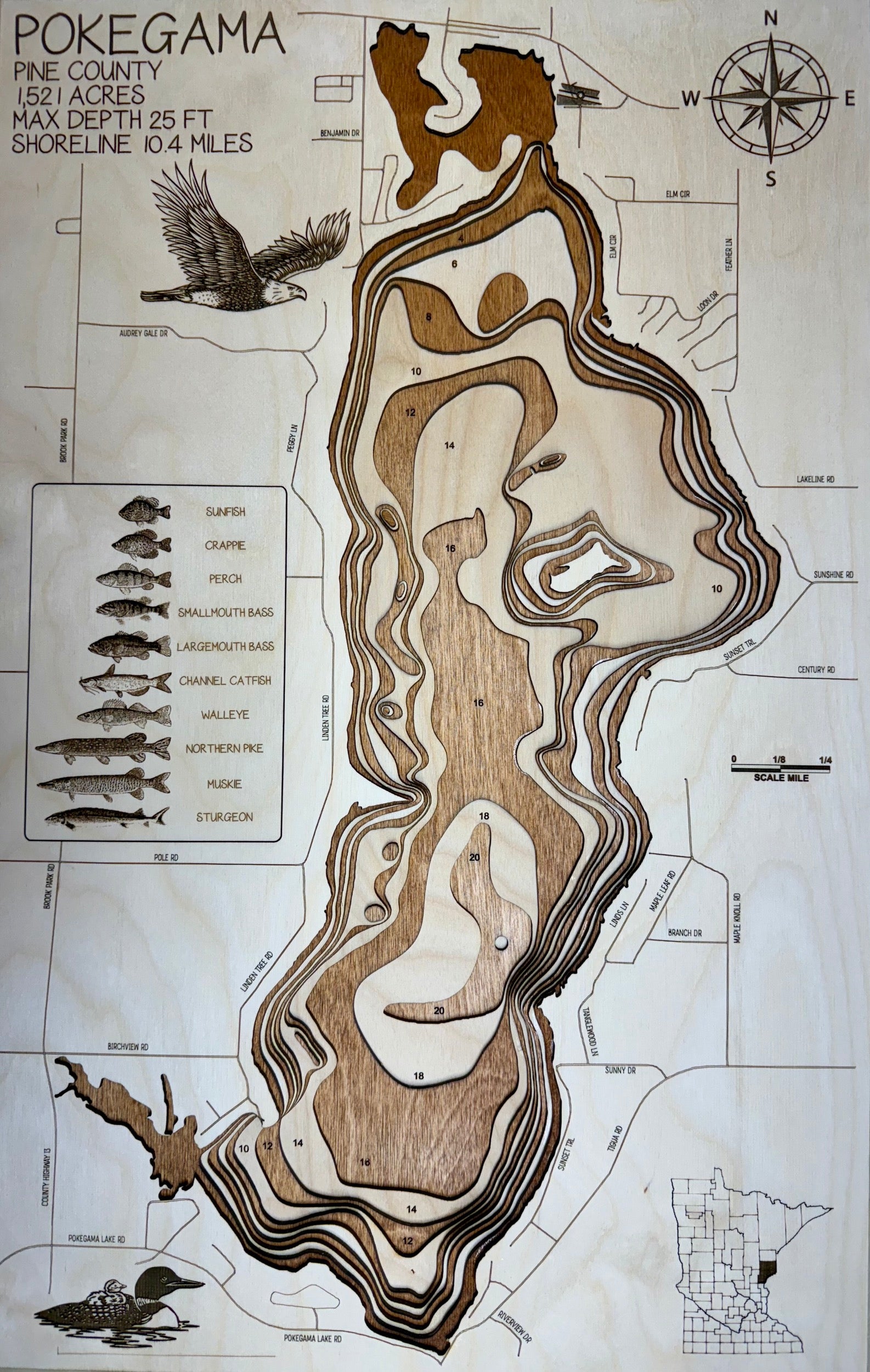 Pokegama Lake Pine County Minnesota laser-cut wood topographic depth map