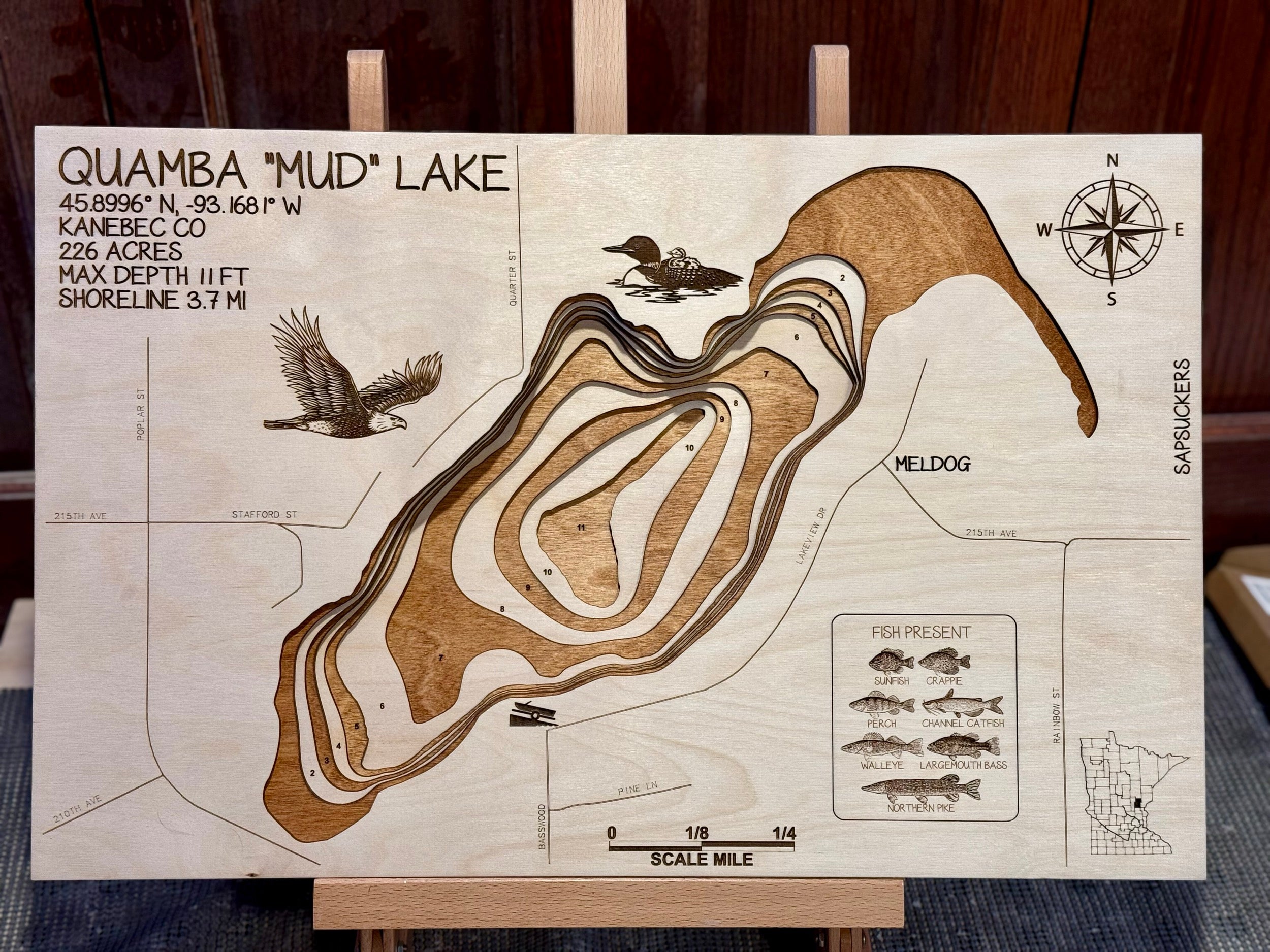 Quamba Mud Lake Kanebec County Minnesota laser-cut wood topographic map