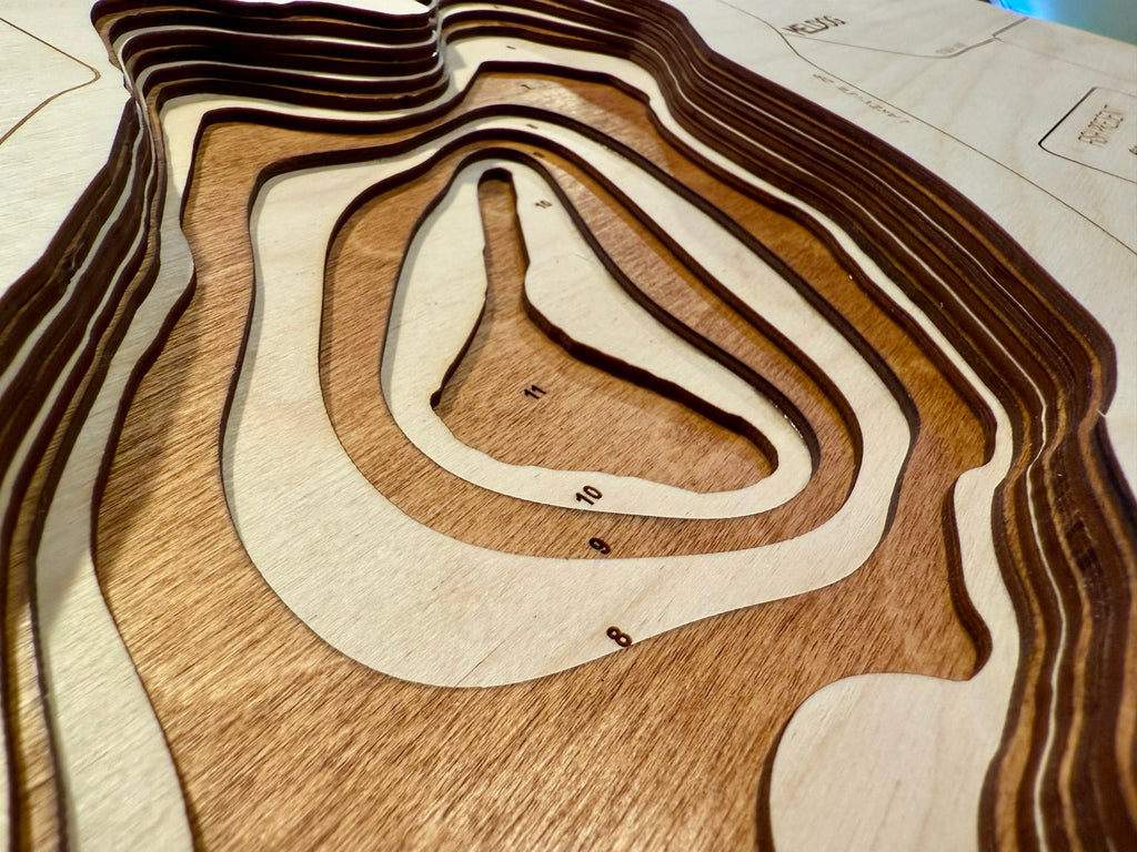 Quamba Mud Lake Kanebec County wooden laser-cut bathymetric depth map