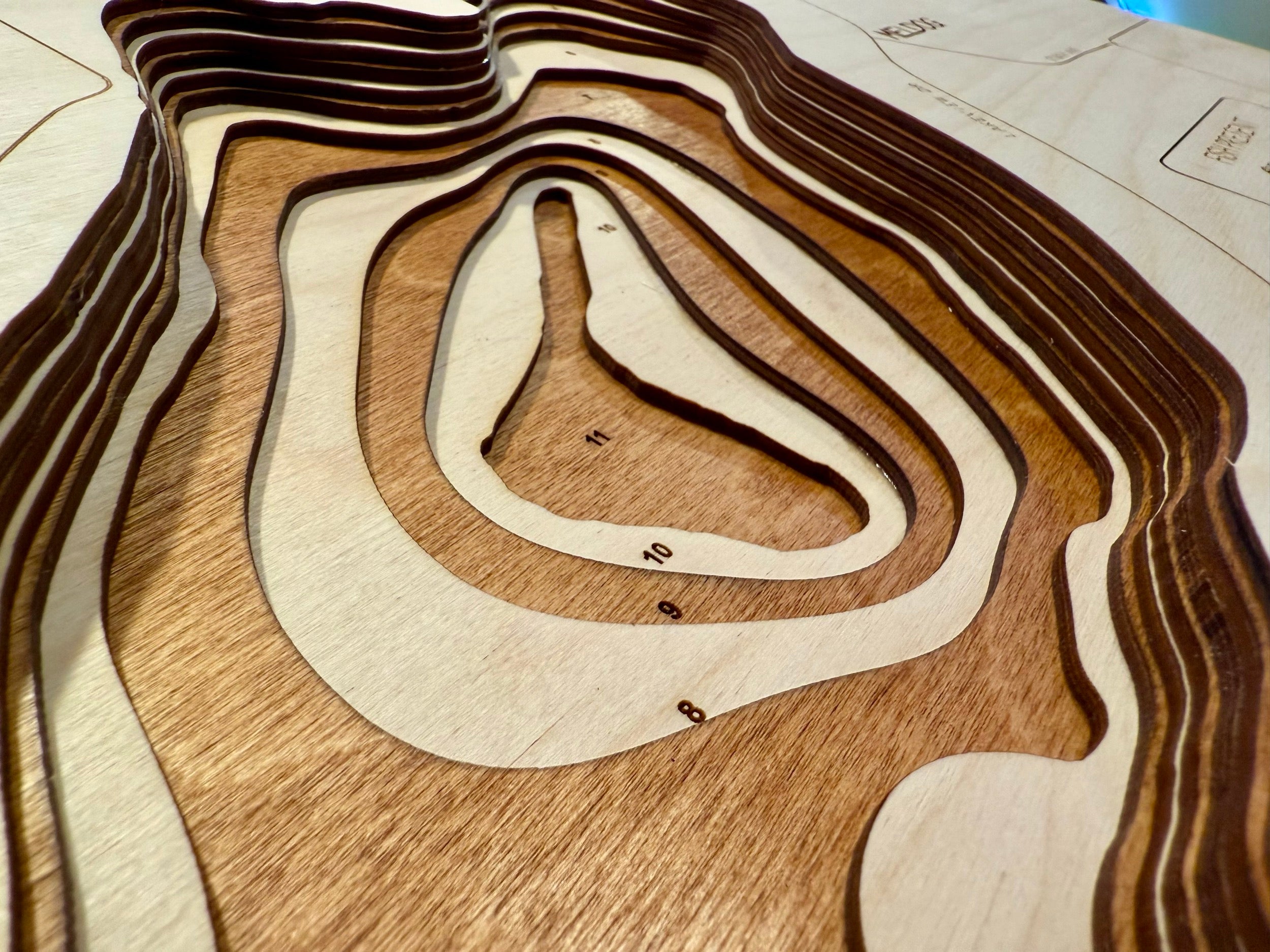 Quamba Mud Lake Kanebec County wooden laser-cut bathymetric depth map
