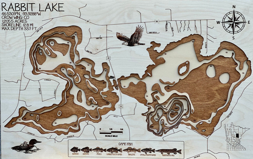 Rabbit Lake Crow Wing County Minnesota laser-cut wood topographic depth map