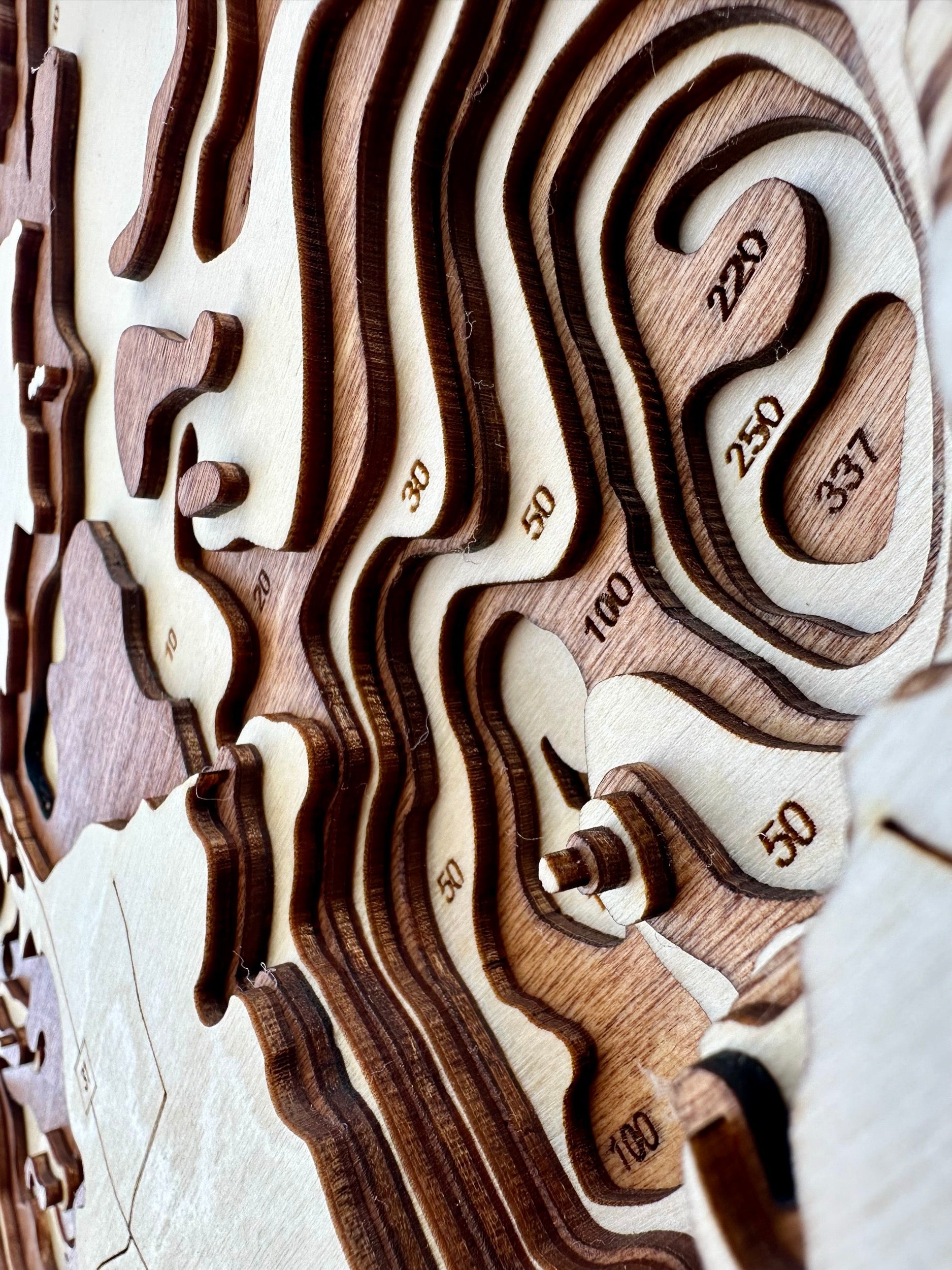 Rabbit Lake topographic map showing laser-engraved depth contours in wood