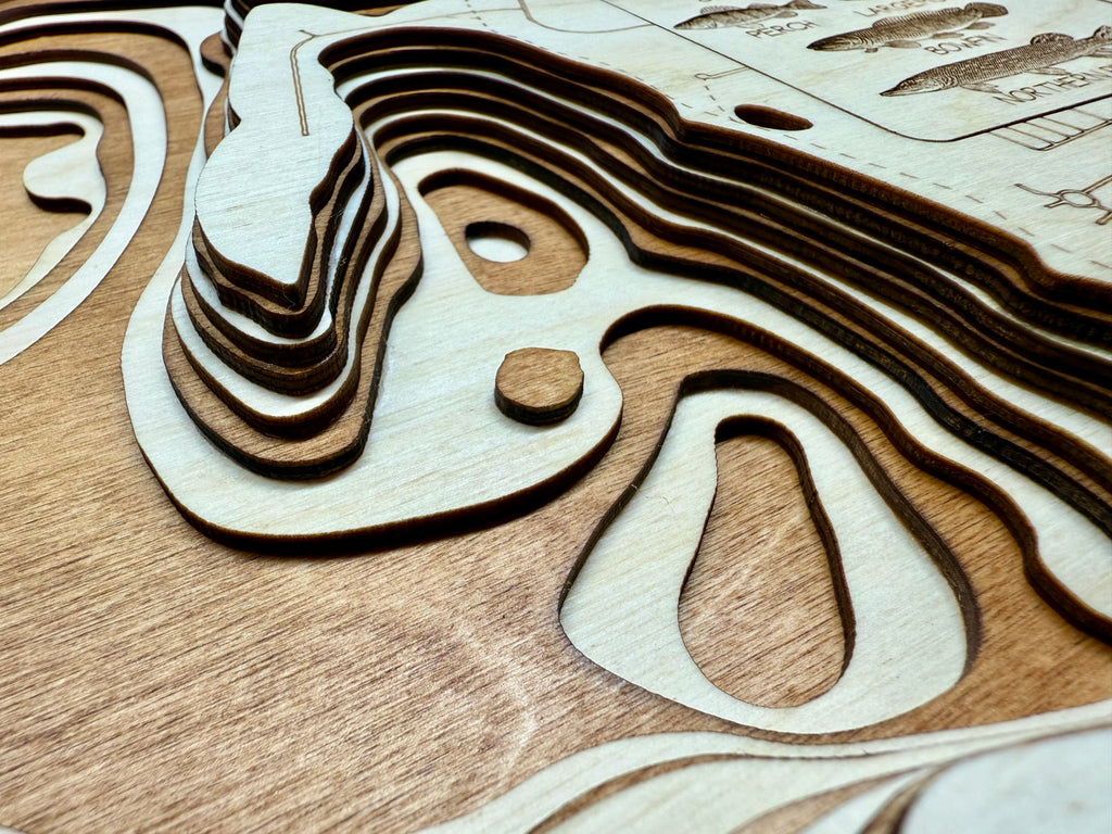 Rice Lake Hennepin County wooden laser-cut bathymetric depth map