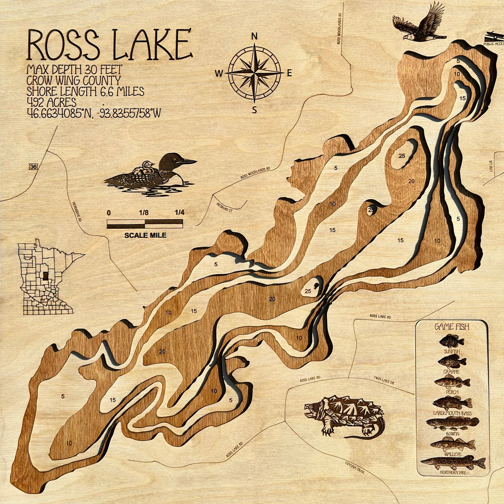 Ross Lake Crow Wing County Minnesota laser-cut wood topographic depth map