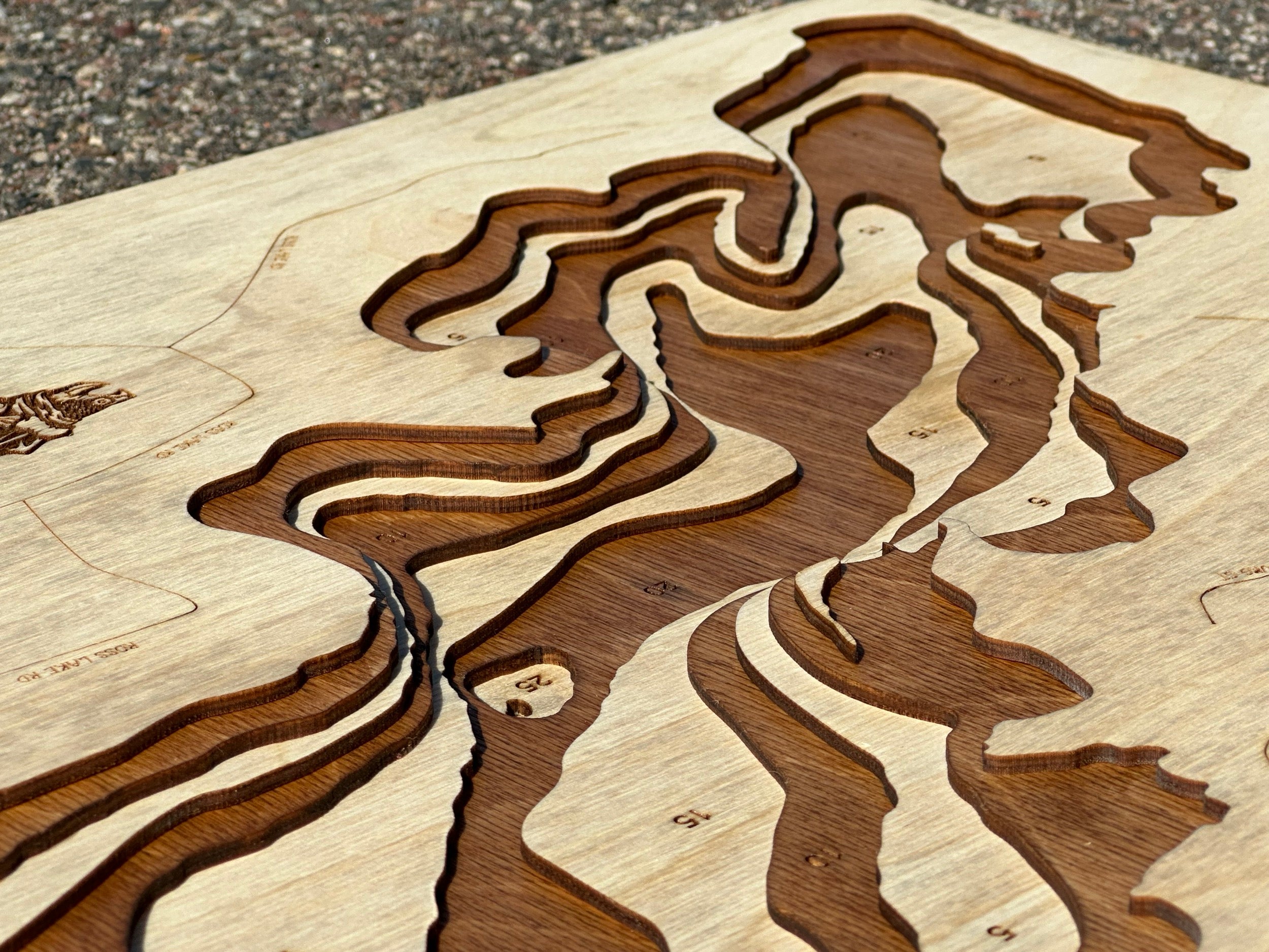 Ross Lake Minnesota wooden laser-cut bathymetric depth map