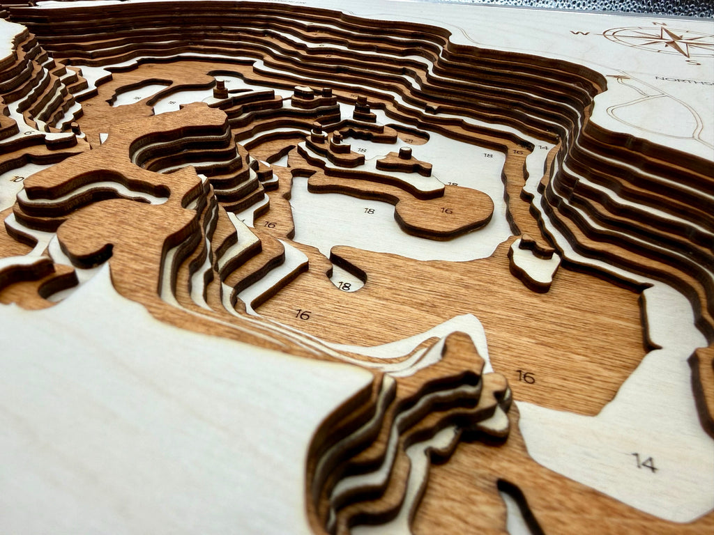 Roy Lake South Dakota 3D layered wood bathymetric map with engraved depth contours showing Marshall County location