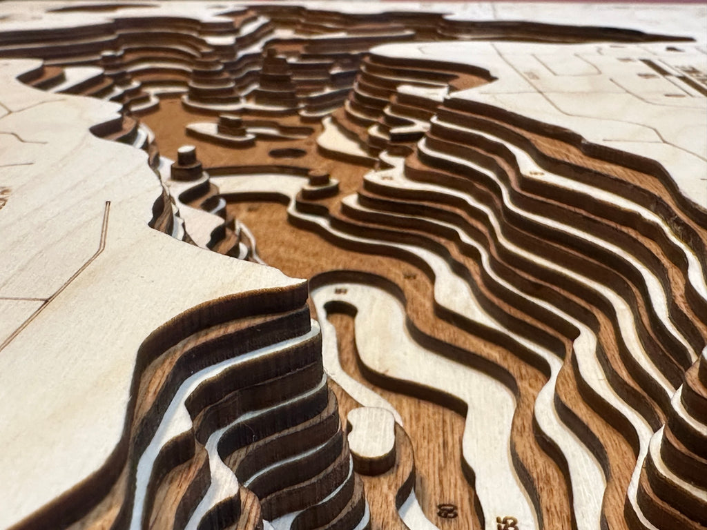 Serpent Lake wooden laser-cut topographic map with contour lines