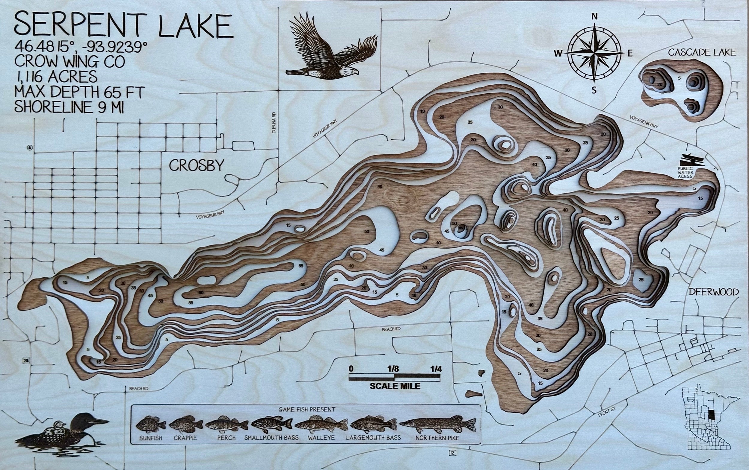 Serpent Lake Aitkin County Minnesota laser-cut wood topographic depth map