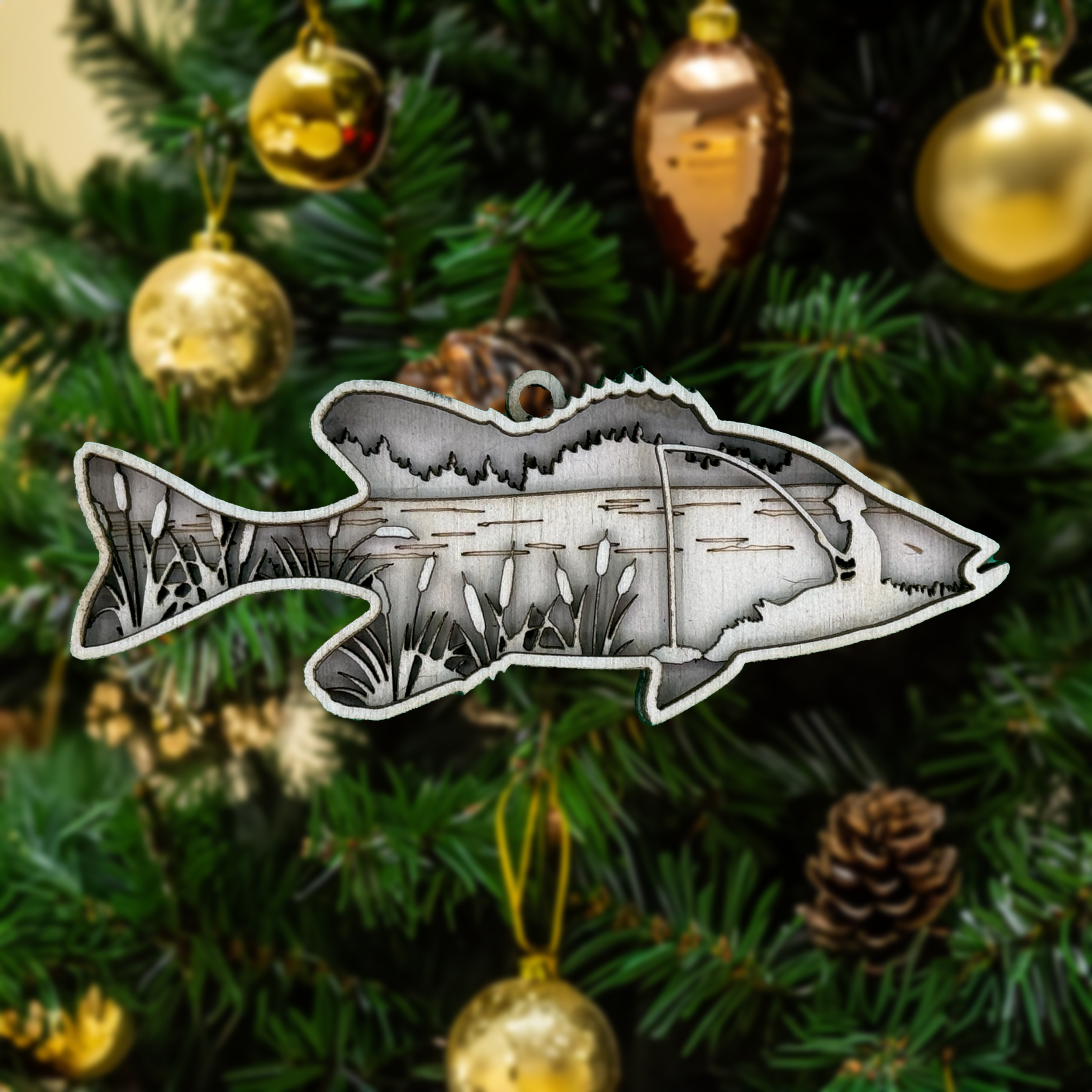 Smallmouth bass in tree – pound-for-pound fighter ornament by Laser Lakes