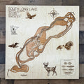 Map of South Long Lake with illustrations of animals on a wooden background