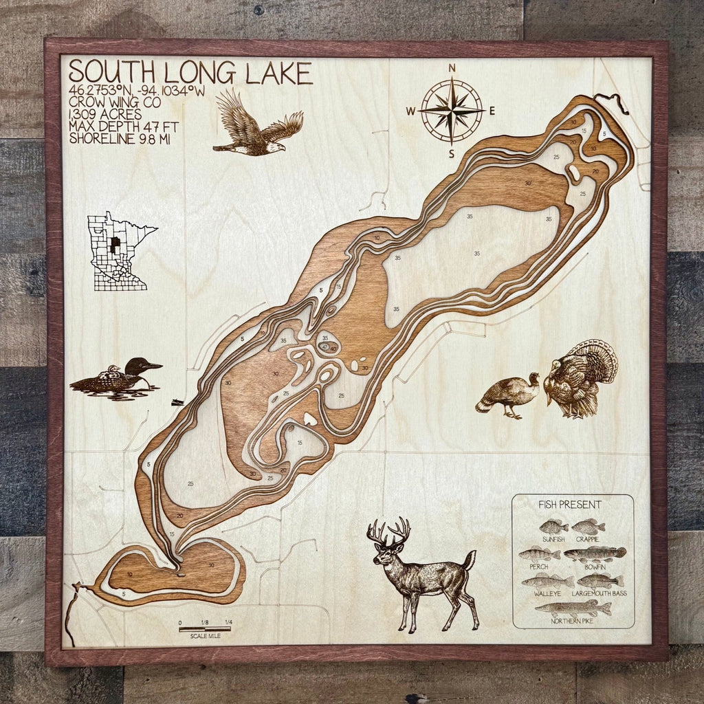 Wooden map of South Long Lake with illustrations of animals and fish on a wooden background