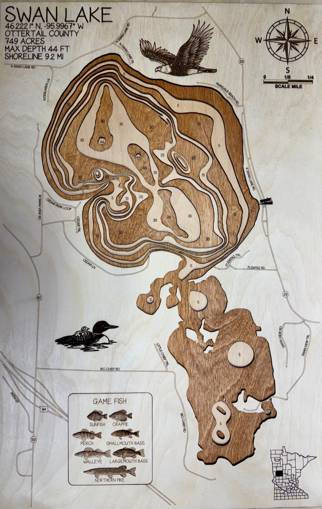 Swan Lake Fergus Falls Otter Tail County Minnesota laser-cut wood topographic depth map