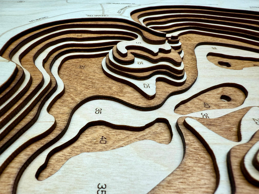 Swan Lake topographic map showing laser-engraved depth contours in wood