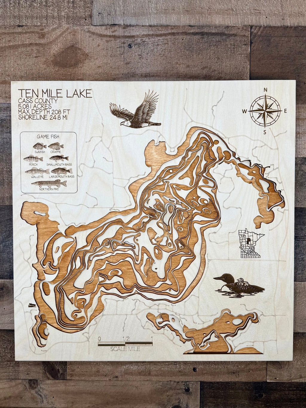 Ten Mile Lake Cass County Minnesota laser-cut wood topographic depth map