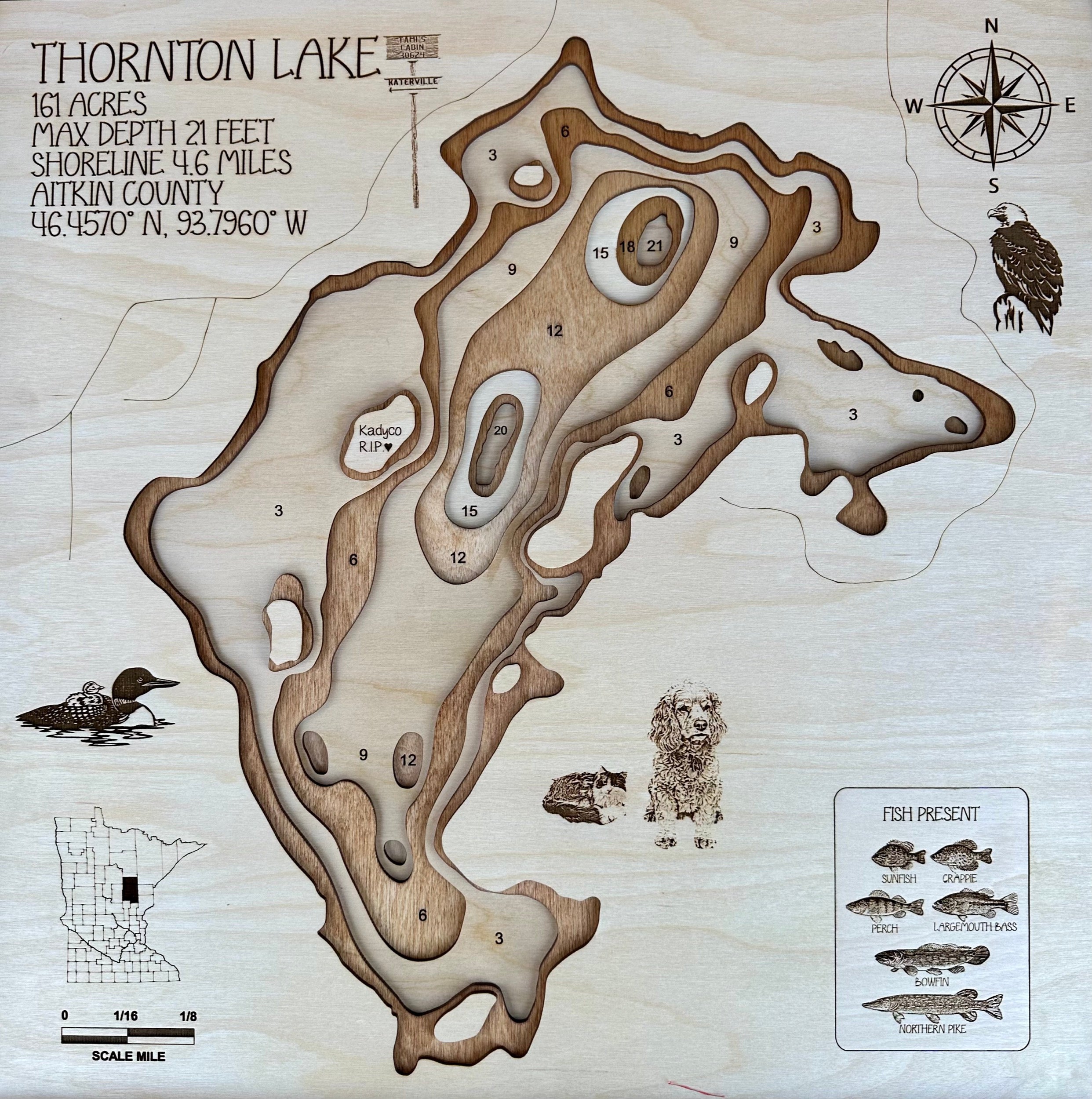 Thornton Lake Aitkin Minnesota laser-cut wood topographic depth map