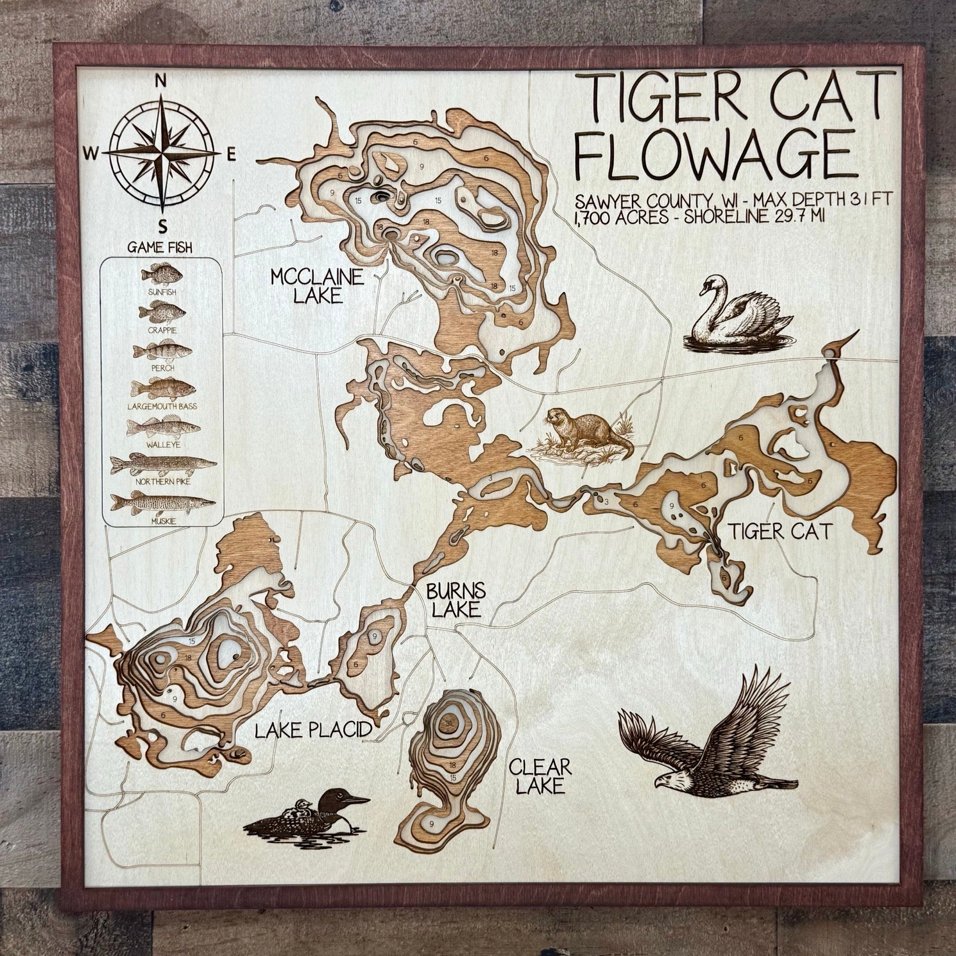 Map of Tiger Cat Flowage with illustrations and text on a wooden background