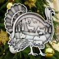 Turkey in tree forest scene with deer, lynx and raccoon – playful laser cut ornament by Laser Lakes