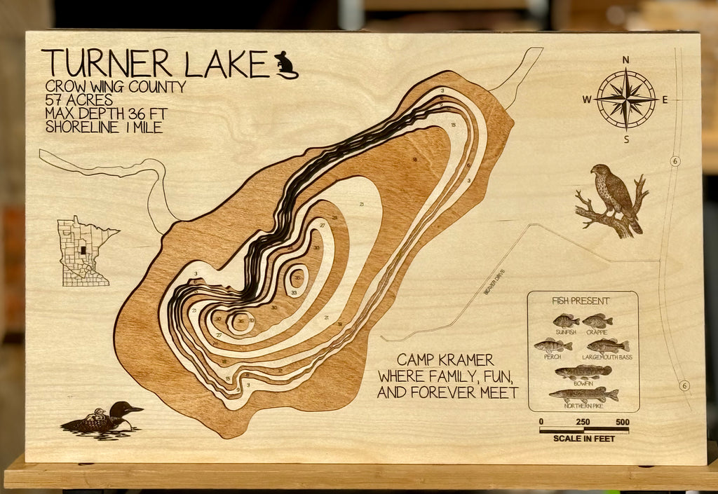 Turner Lake Crow Wing County Minnesota laser-cut wood topographic depth map