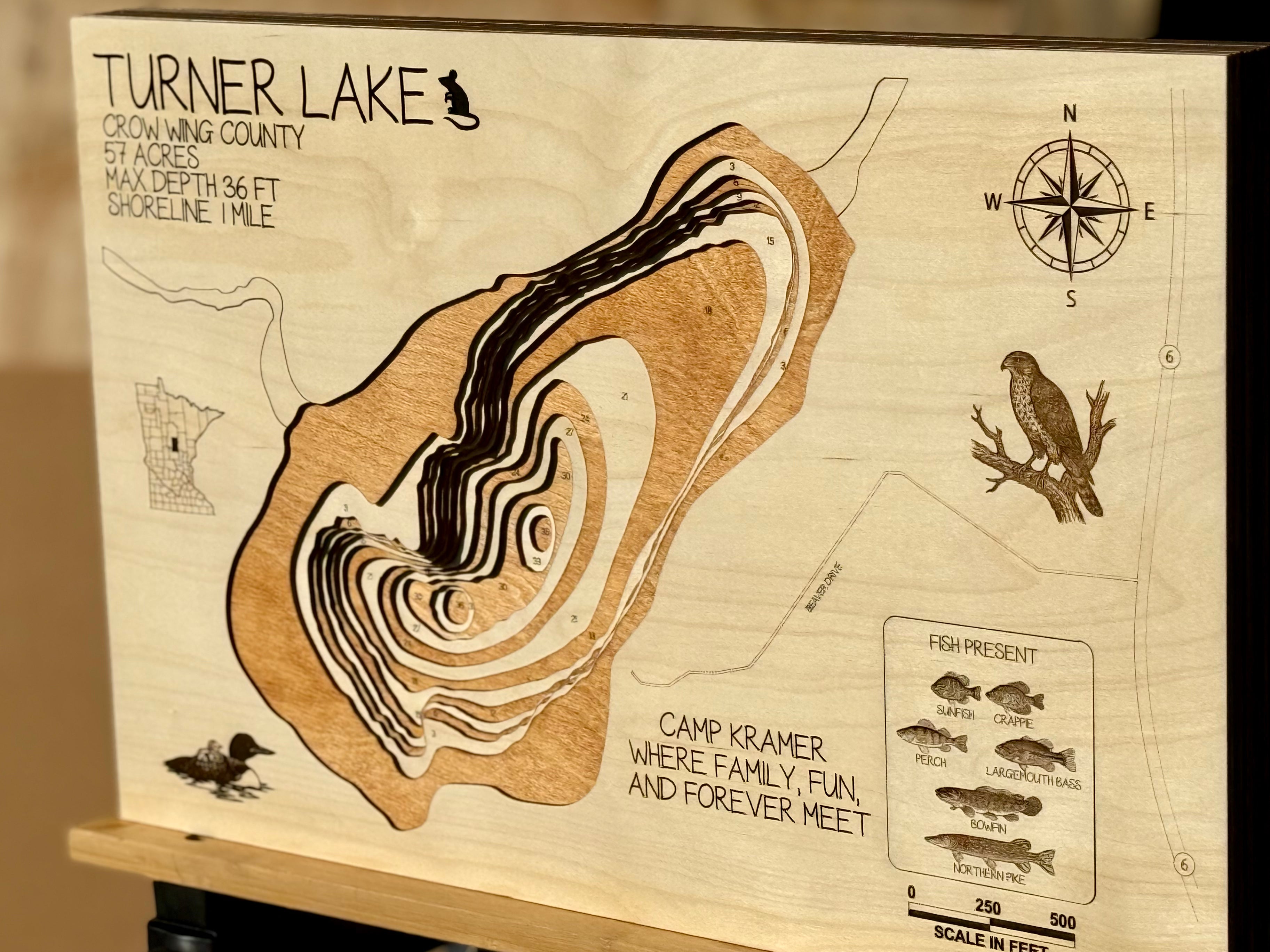 Turner Lake wooden laser-cut topographic map with contour lines