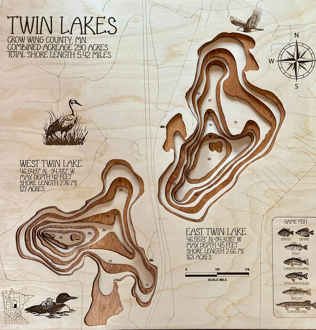 Twin Lakes Nisswa Crow Wing County Minnesota laser-cut wood topographic map