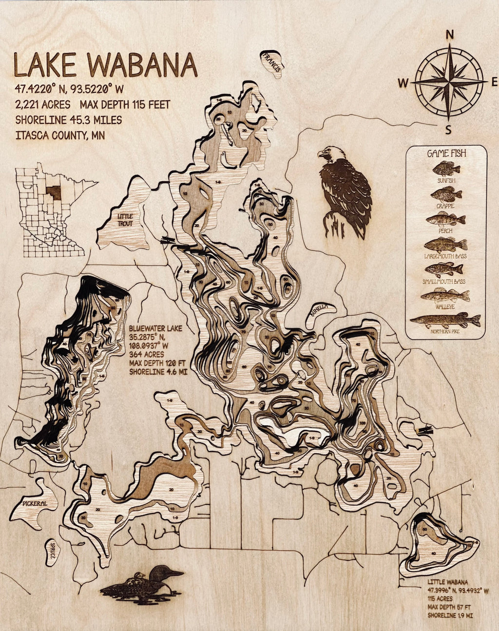 Wabana Lake Itasca County Minnesota laser-cut wood topographic depth map