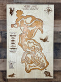 Webb Lake Cass County Minnesota layered wood laser engraved topographic map with depth contours and wildlife engravings