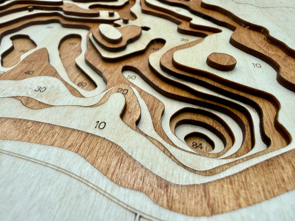 Webb Lake Cass County Minnesota wooden laser-cut topographic map with depth contours showing 84ft deepest point