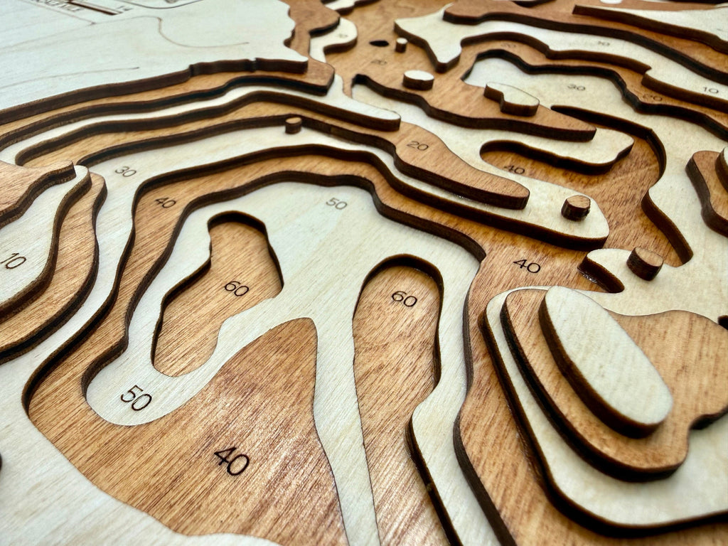 Webb Lake Cass County Minnesota wooden laser-cut topographic depth contour map with elevation numbers