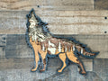 Wolf Song Dark laser-cut wood light sculpture with layered Baltic Birch and engraved wolf design