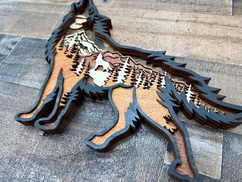 Wolf Song Dark 3D wood light with laser-cut wolf design and illuminated depth layers