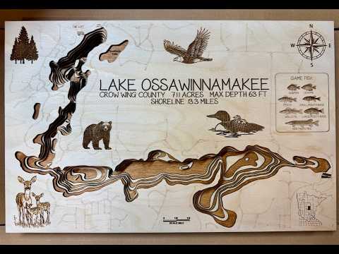 Ossawinnamakee Lake depth map detail – layered Baltic Birch, laser cut | Laser Lakes